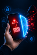 Capa do guia Não Caia no Golpe Digital - mão com celular e barreira protetora