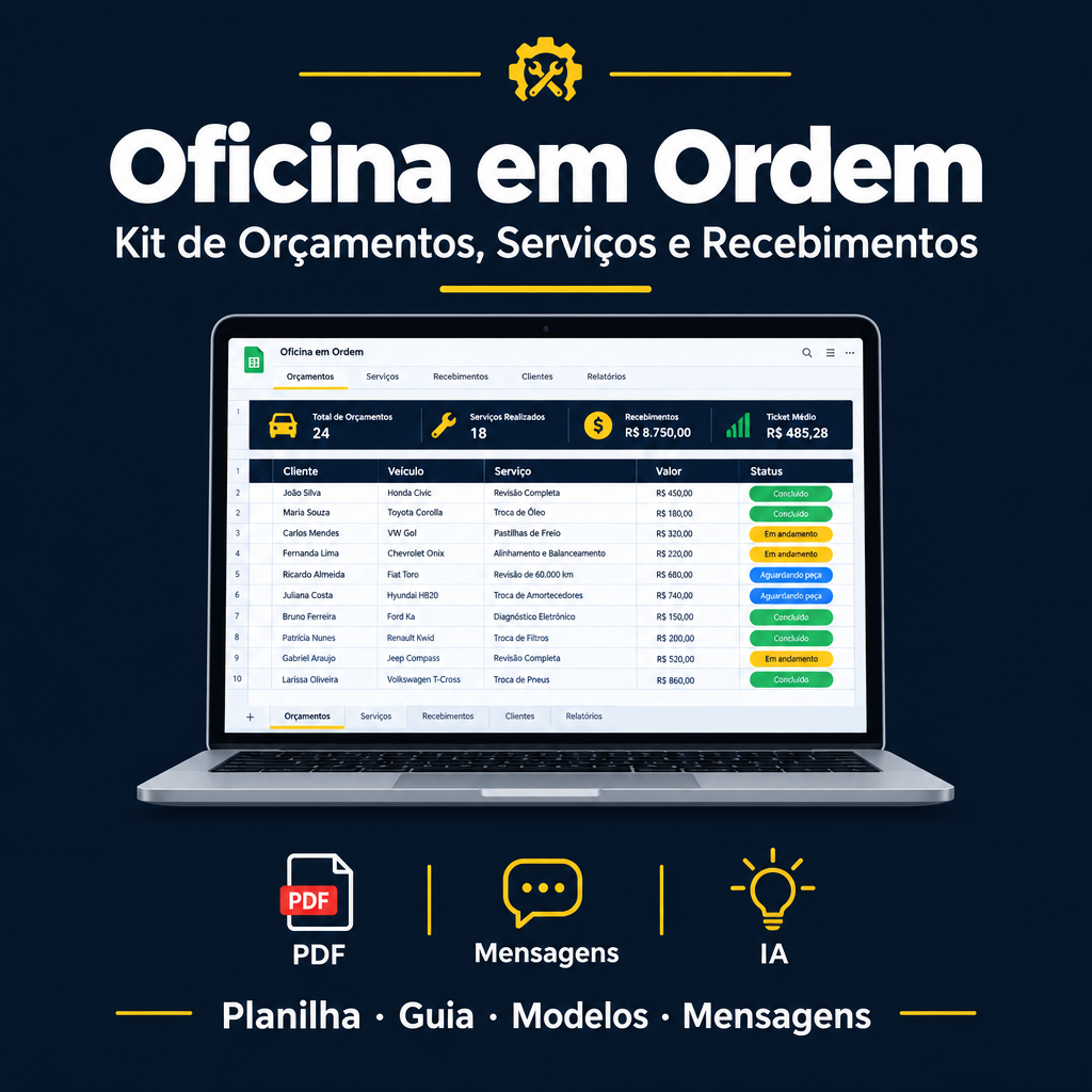 Oficina em Ordem — Kit de Orçamentos, Serviços e Recebimentos